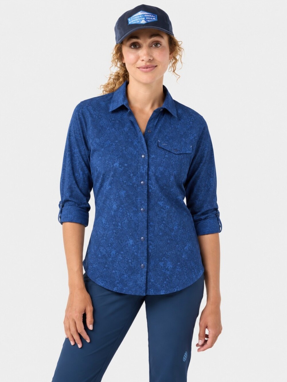 Stio Eddy Shirt Long Sleeve Women's Large Floral Blue Snaps Gorpcore Hiking UPF